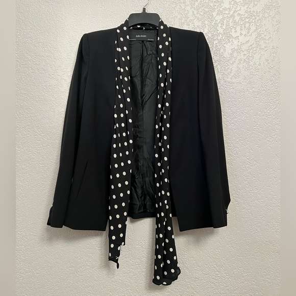 Zara Basic Blazer Black White Polka dots Scarf Business Casual Modern Jacket - Picture 3 of 10